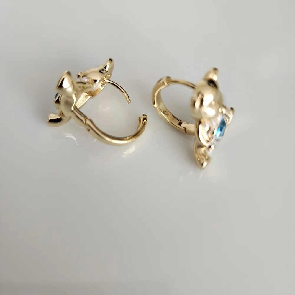 Gold Plated Teddy Bear Hoops with Blue Heart Cz